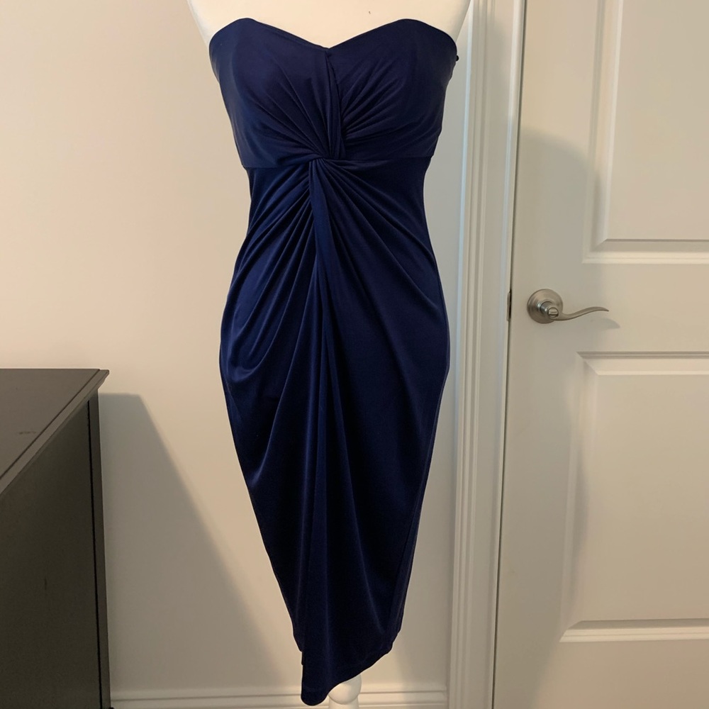 Silky Navy Strapless Draped Gown (w tags)